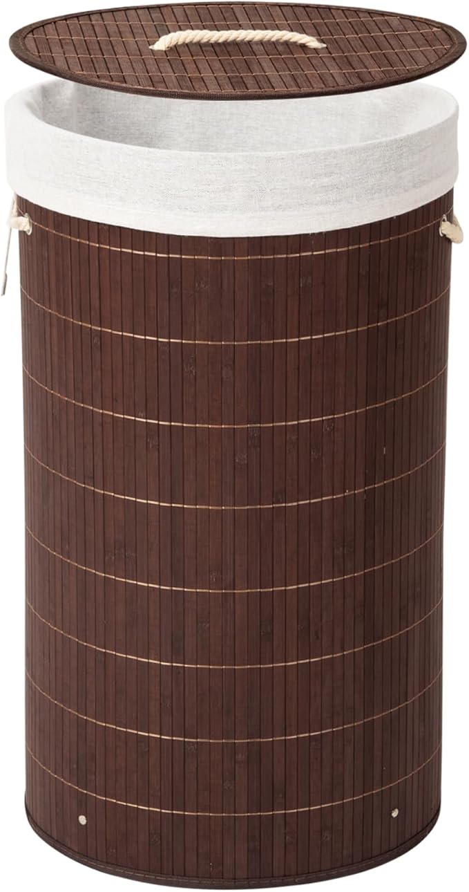 Bamboo Laundry Basket with Lid, Foldable Laundry Baskets, Woven Natural Bamboo Dirty Laundry Basket, Removable Laundry Bag, 58 L / 72 L, Good Air Permeability (Brown-Round, 60 * 35cm)