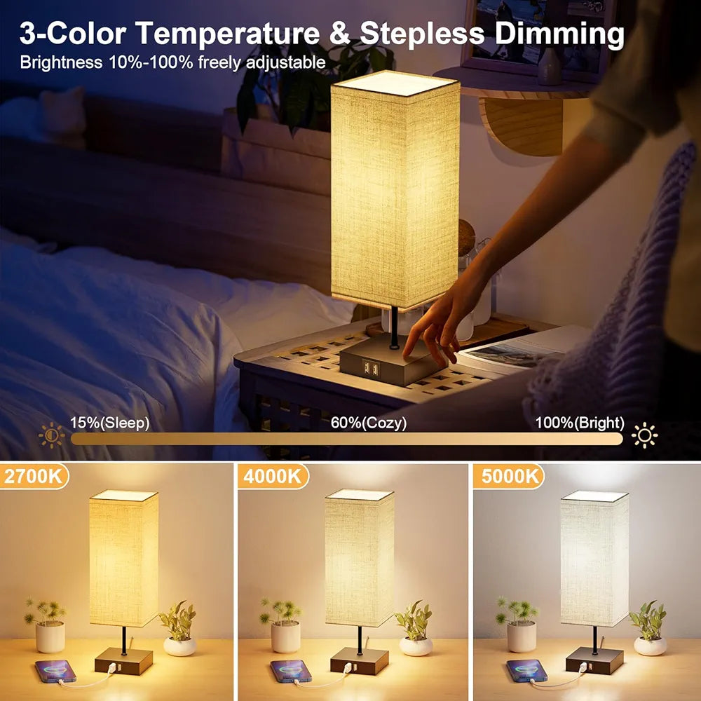FANSANMY Candeeiros de mesa de cabeceira, candeeiros de mesa com 2 portas USB de carregamento rápido, 3 temperaturas de cor e regulação contínua, 2 lâmpadas E27 de 6 W para quarto, sala, escritório