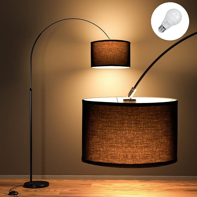 Modlicht Candeeiro de pé clássico JASMIN | Inclui LED E27 9W 3000K | ecrã preto de 33 cm, interruptor de pé, candeeiro de pé arco vintage adequado para sala de estar, quarto, escritório, hotel