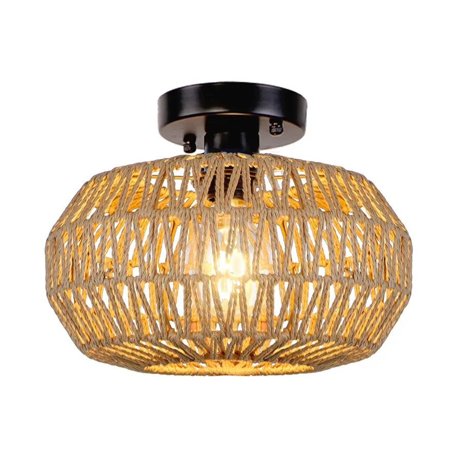 KMaiPem Candeeiro de teto quarto de rato Boho, 1 luz moderna candeeiro de teto com ecrã tecido à mão, candeeiro de teto de quinta rústico para sala de estar, cozinha, entrada, corredor, hall de