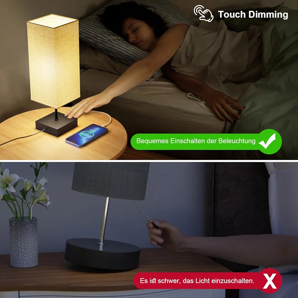 FANSANMY Candeeiros de mesa de cabeceira, candeeiros de mesa com 2 portas USB de carregamento rápido, 3 temperaturas de cor e regulação contínua, 2 lâmpadas E27 de 6 W para quarto, sala, escritório