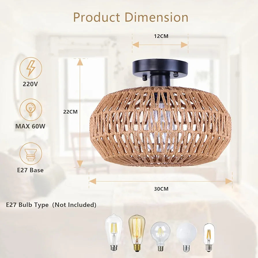 KMaiPem Candeeiro de teto quarto de rato Boho, 1 luz moderna candeeiro de teto com ecrã tecido à mão, candeeiro de teto de quinta rústico para sala de estar, cozinha, entrada, corredor, hall de