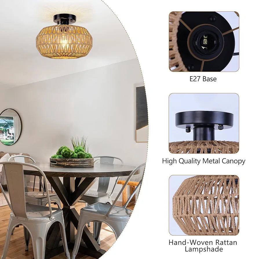 KMaiPem Candeeiro de teto quarto de rato Boho, 1 luz moderna candeeiro de teto com ecrã tecido à mão, candeeiro de teto de quinta rústico para sala de estar, cozinha, entrada, corredor, hall de