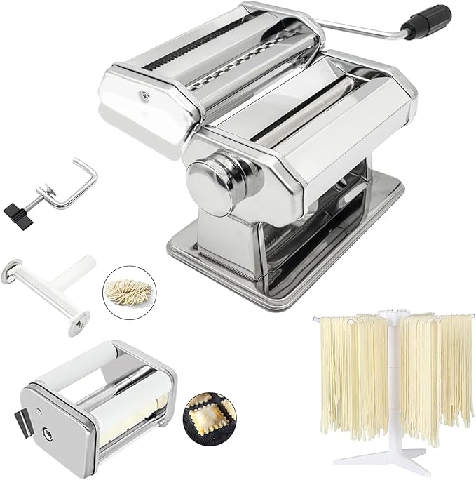 MZTOGR Máquina de fazer massa e raviolis, conjunto de 6 peças de aço de 150 mm com 9 configurações de espessura ajustáveis, inclui acessório para fazer raviolis, prateleira de secagem de massa