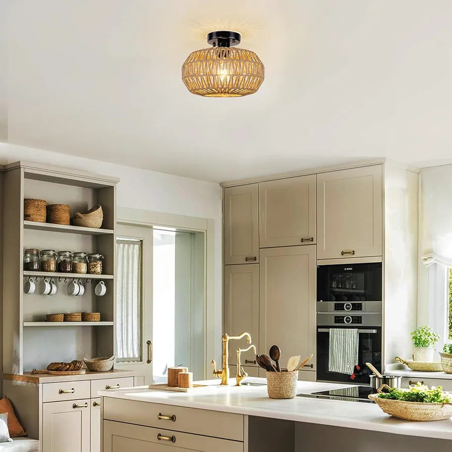 KMaiPem Candeeiro de teto quarto de rato Boho, 1 luz moderna candeeiro de teto com ecrã tecido à mão, candeeiro de teto de quinta rústico para sala de estar, cozinha, entrada, corredor, hall de