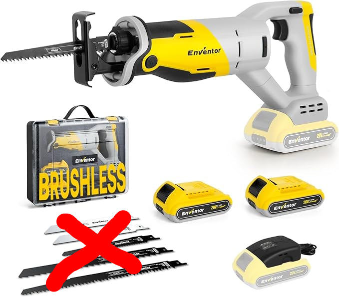 ENVENTOR 20V Brushless Cordless Reciprocating Saw, 2x2.0Ah Battery, 0-3000RPM Variable Speed Electric Saw, 5 Blades, 22mm Stroke Length, Ideal for Wood and Metal Cutting
