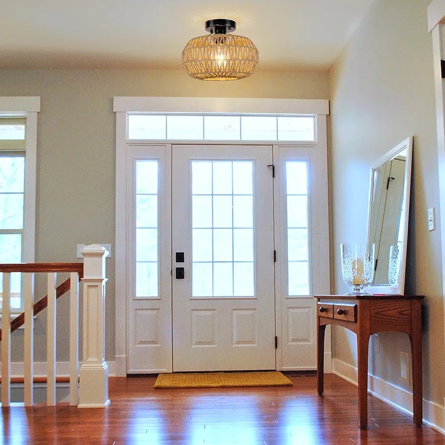 KMaiPem Candeeiro de teto quarto de rato Boho, 1 luz moderna candeeiro de teto com ecrã tecido à mão, candeeiro de teto de quinta rústico para sala de estar, cozinha, entrada, corredor, hall de