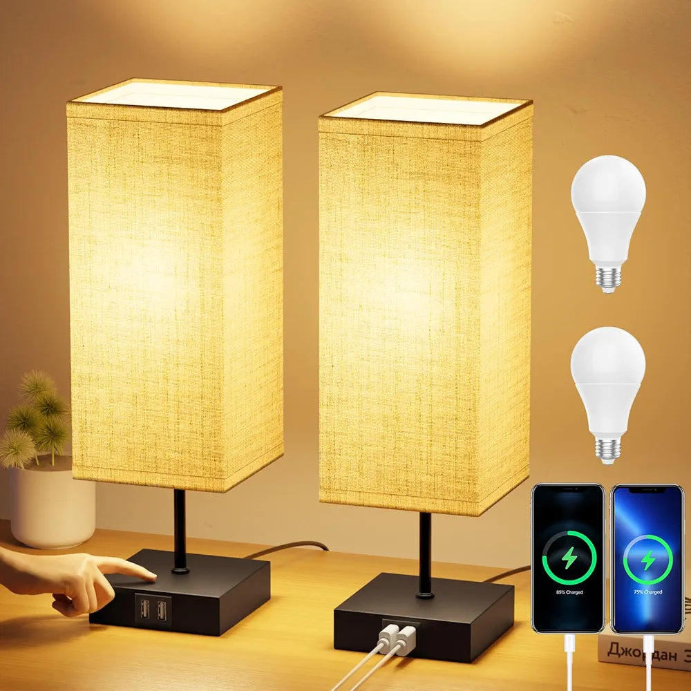 FANSANMY Candeeiros de mesa de cabeceira, candeeiros de mesa com 2 portas USB de carregamento rápido, 3 temperaturas de cor e regulação contínua, 2 lâmpadas E27 de 6 W para quarto, sala, escritório