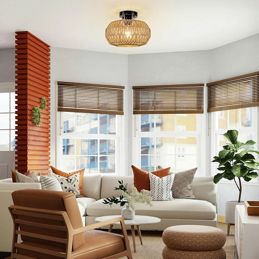 KMaiPem Candeeiro de teto quarto de rato Boho, 1 luz moderna candeeiro de teto com ecrã tecido à mão, candeeiro de teto de quinta rústico para sala de estar, cozinha, entrada, corredor, hall de