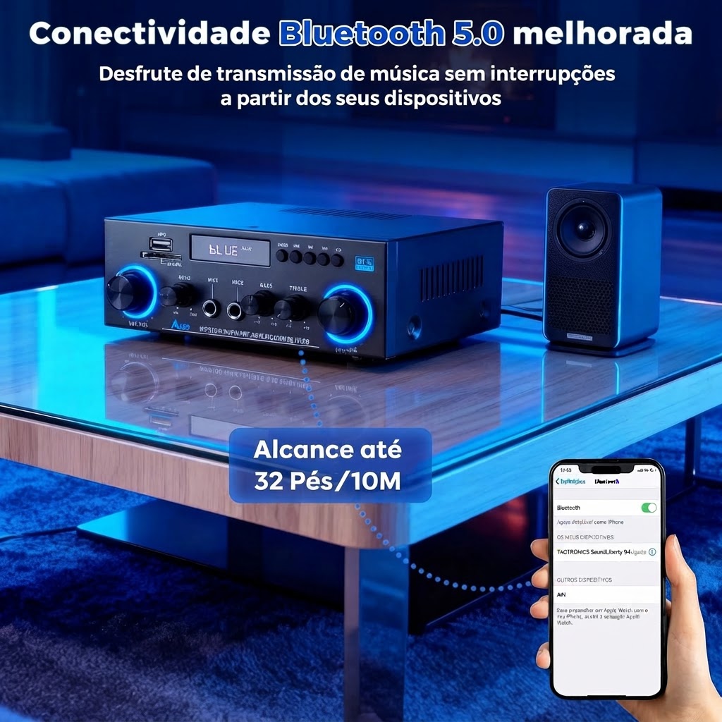 Amplificador de Áudio Stereo Romicta AK50 - 800 W, Bluetooth 5.0