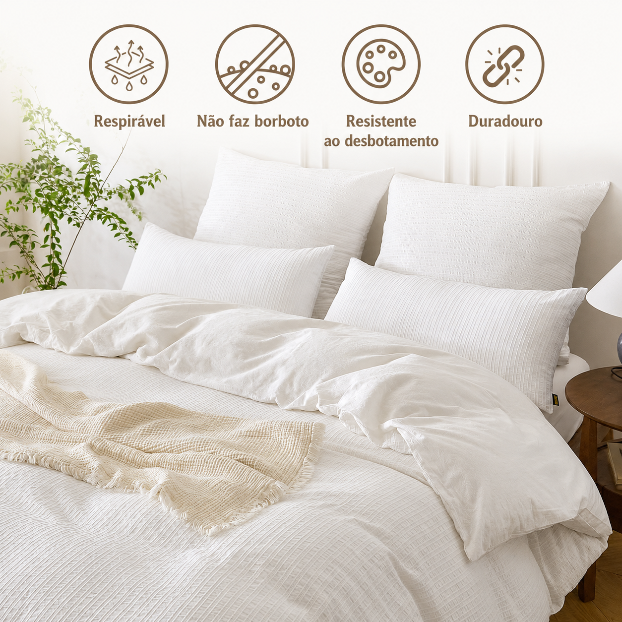 Conjunto de Cama SOULFUL 4 Peças em Algodão Jacquard - Branco