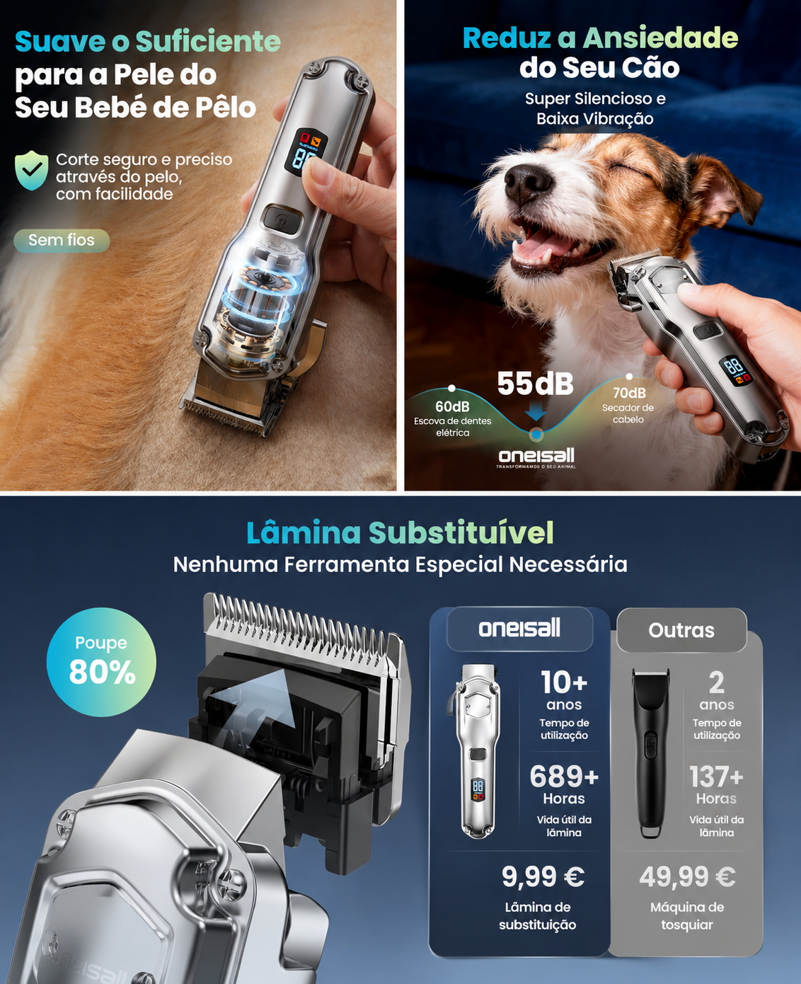 Aparador/Máquina de Tosquia para Cães Oneisall Sem Fios e Baixo Ruído