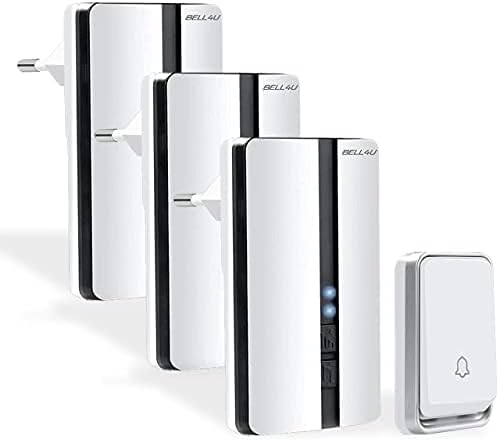 Campainha Sem Fios sem Pilhas – Conjunto com 3 Recetores Plug-In, Alcance 200 m, IP65 à Prova de Água, 51 Toques, Instalação Fácil