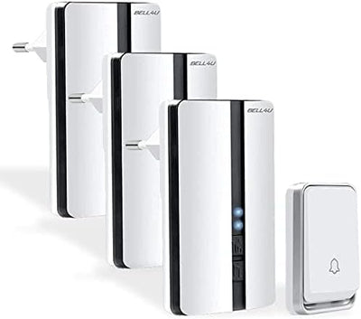 Campainha Sem Fios sem Pilhas – Conjunto com 3 Recetores Plug-In, Alcance 200 m, IP65 à Prova de Água, 51 Toques, Instalação Fácil