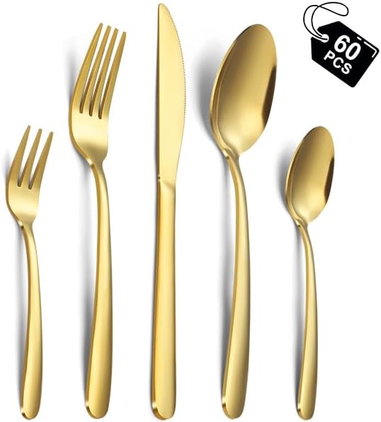 Conjunto de Talheres 60 Peças Dourados – Aço Inoxidável Polido, Resistente e Lavável na Máquina