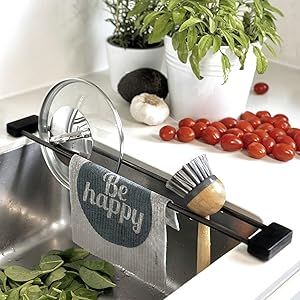 Sanni Shoo Suporte para panos de cozinha Drip.Line, organizador de lava-loiças, suporte flexível para panos de cozinha, organizador de panos de cozinha, aço preto, preto