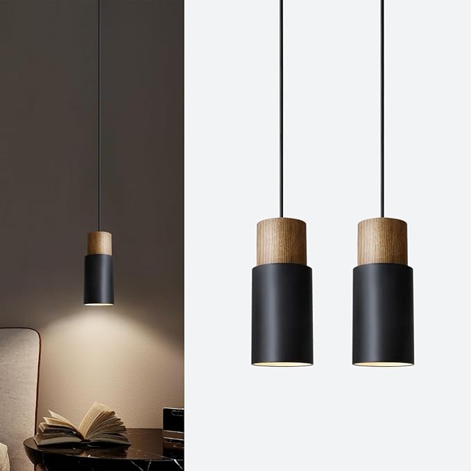 Conjunto 2 Candeeiros Suspensos em Madeira e Alumínio Preto, Estilo Vintage/Industrial, E27