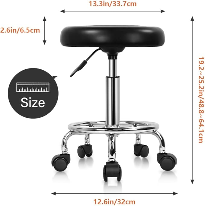 Banco Giratório Ajustável 49–64 cm com Rodas – Couro Sintético Preto