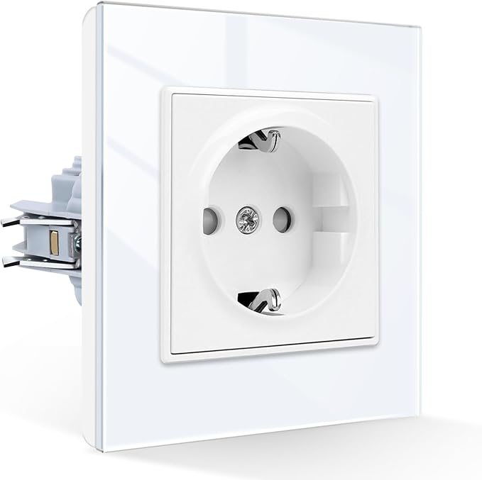 CNBINGO Schuko Socket Flush-Mounted Double Socket White Wall Socket 1 Compartment Glass Sockets with Plug Clamp