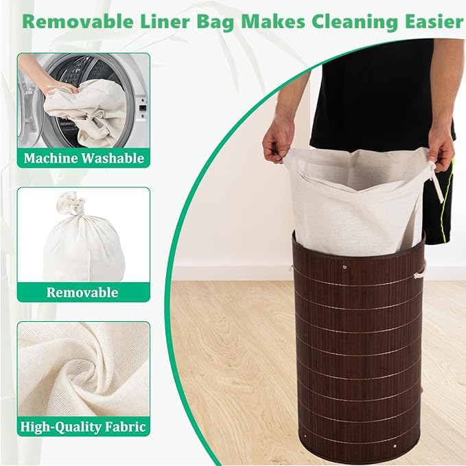 Cesto de Roupa em Bambu Castanho 🧺 – Dobrável, 58L