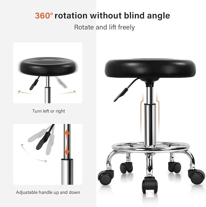 Banco Giratório Ajustável 49–64 cm com Rodas – Couro Sintético Preto