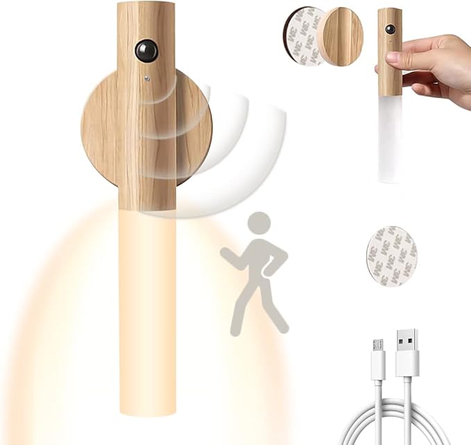 Candeeiro de Parede Recarregável USB em Madeira com Sensor de Movimento