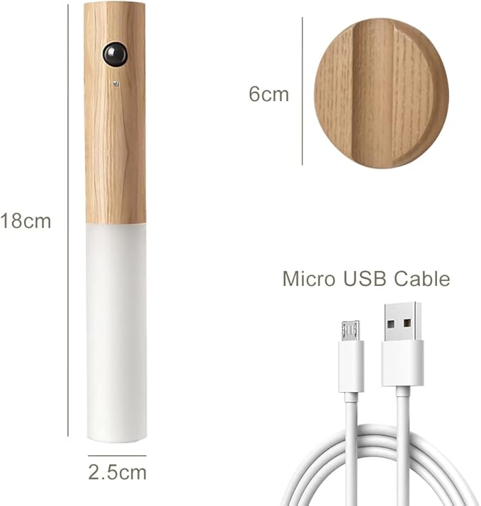 Candeeiro de Parede Recarregável USB em Madeira com Sensor de Movimento