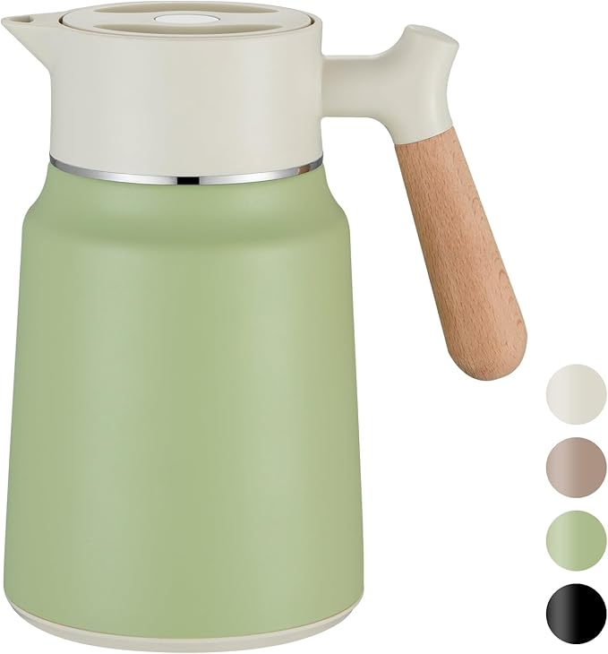 Garrafa Térmica VETIN 1,5 L em Aço Inoxidável 304 – Isolamento a Vácuo Dupla Parede, Pega Efeito Madeira, Branco e Verde