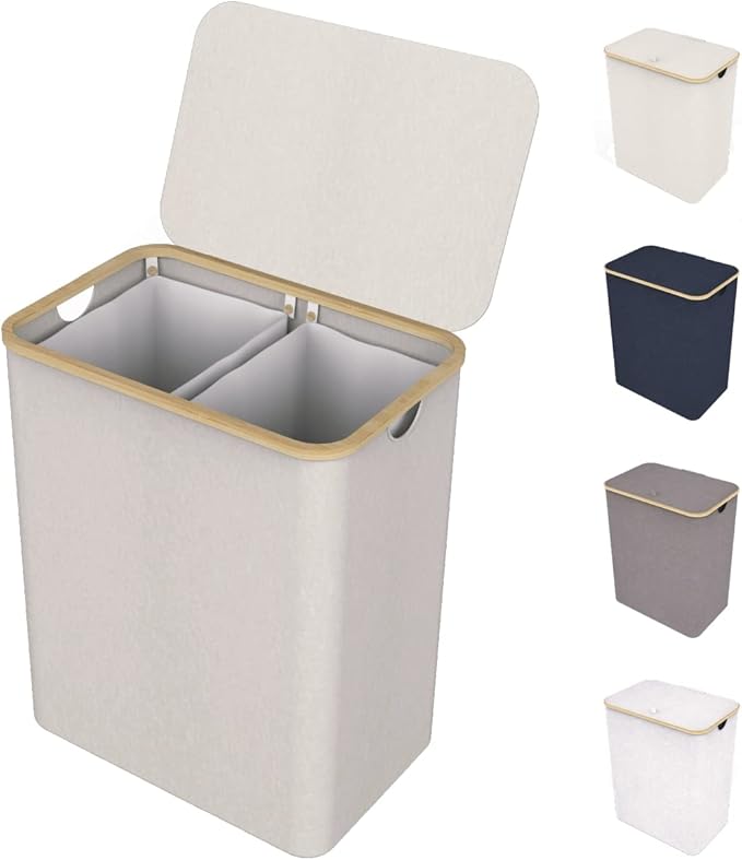 Cesto de Roupa LONBET 150 L com Tampa e 2 Compartimentos – Bambu Dobrável, Bege