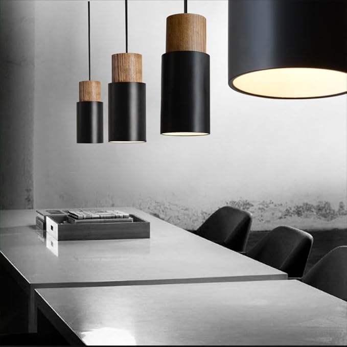 Conjunto 2 Candeeiros Suspensos em Madeira e Alumínio Preto, Estilo Vintage/Industrial, E27