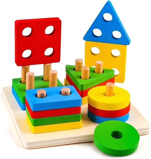 Brinquedo de Empilhar em Madeira – Formas Geométricas Educativas | Boxiki Kids