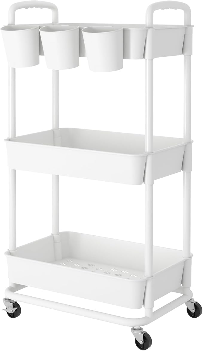 Carrinho de Cozinha 3 Camadas com Rodas, Branco