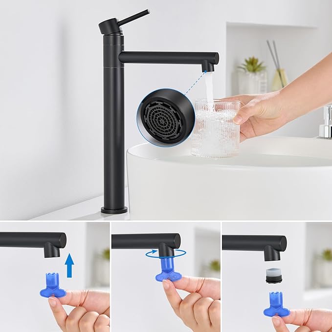 Torneira Alta para Lavatório Preto Mate com Rotação 360°