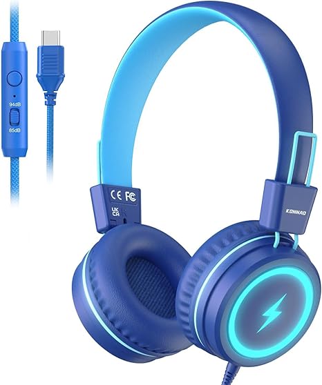 Auscultadores Infantis USB-C com LED e Microfone – Azul