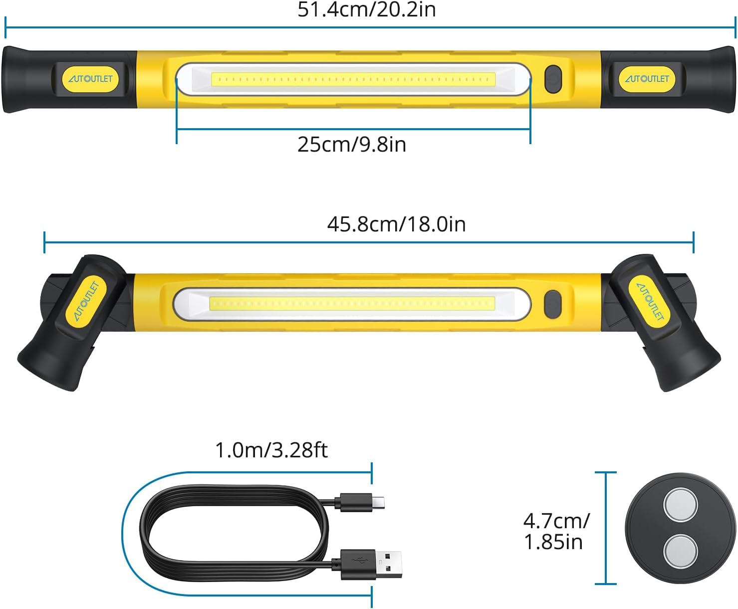 AUTOUTLET Candeeiro LED Recarregável 3000 Lúmenes, 3 Cores, Magnético 360° – Oficina, Garagem e Campismo, Amarelo