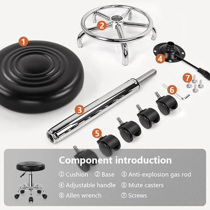 Banco Giratório Ajustável 49–64 cm com Rodas – Couro Sintético Preto