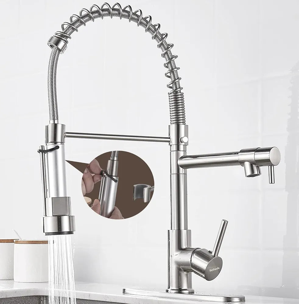SkyPanda Torneira de cozinha, mola de latão escovado com cabeça de pulverização Pull Down, com 2 saídas , cabeça de pulverização de alta pressão, escova de níquel