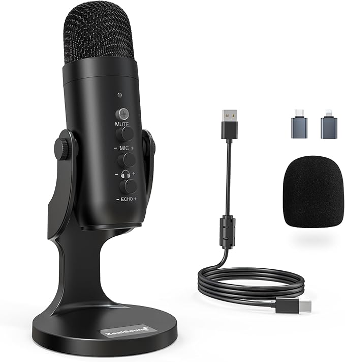 Microfone Condensador USB-C ZealSound K66 para Streaming e Podcast