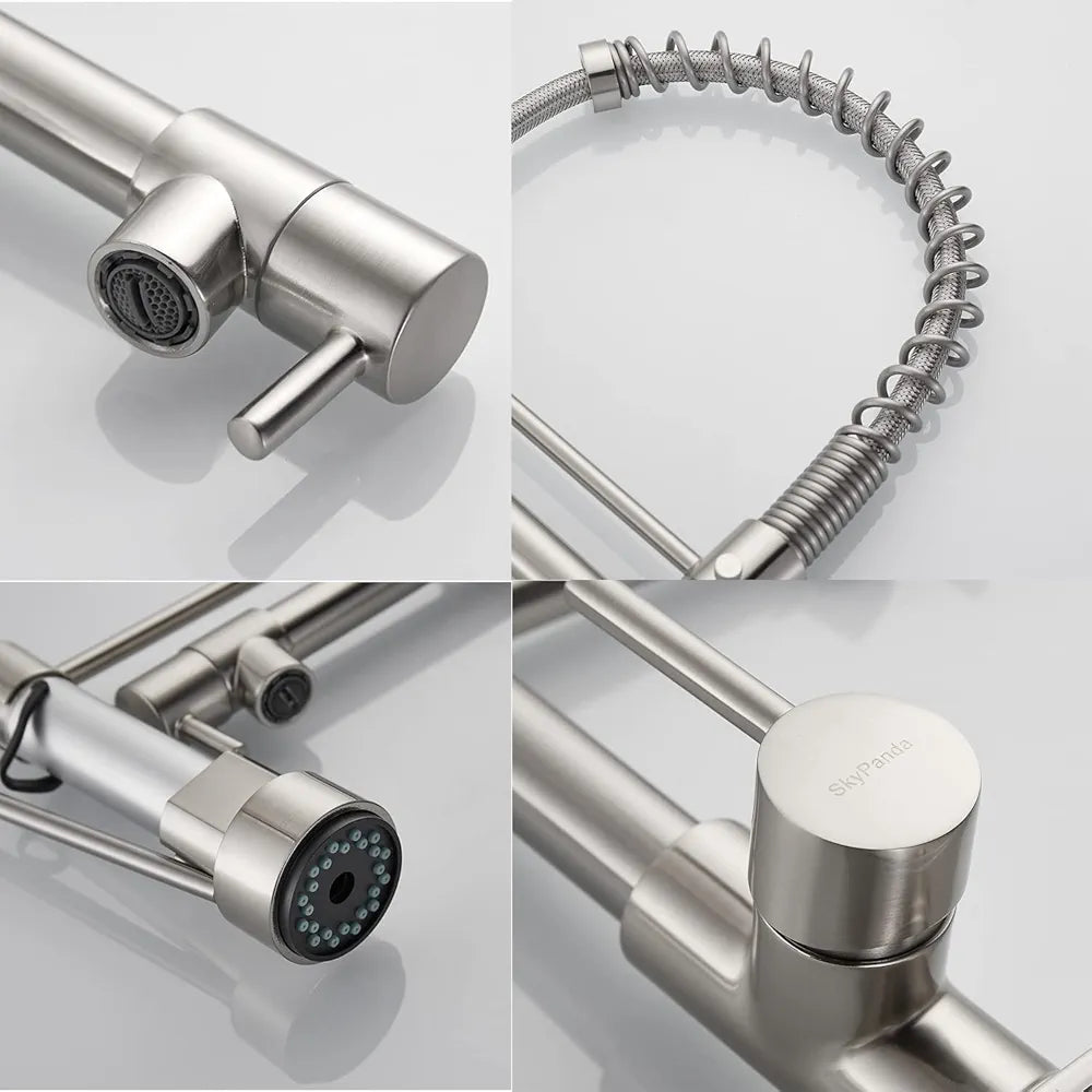 SkyPanda Torneira de cozinha, mola de latão escovado com cabeça de pulverização Pull Down, com 2 saídas , cabeça de pulverização de alta pressão, escova de níquel