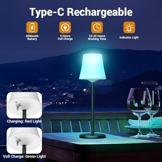 Conjunto de 2 Candeeiros de Mesa LED Sem Fios – Recarregáveis, RGB e 3 Temperaturas de Luz