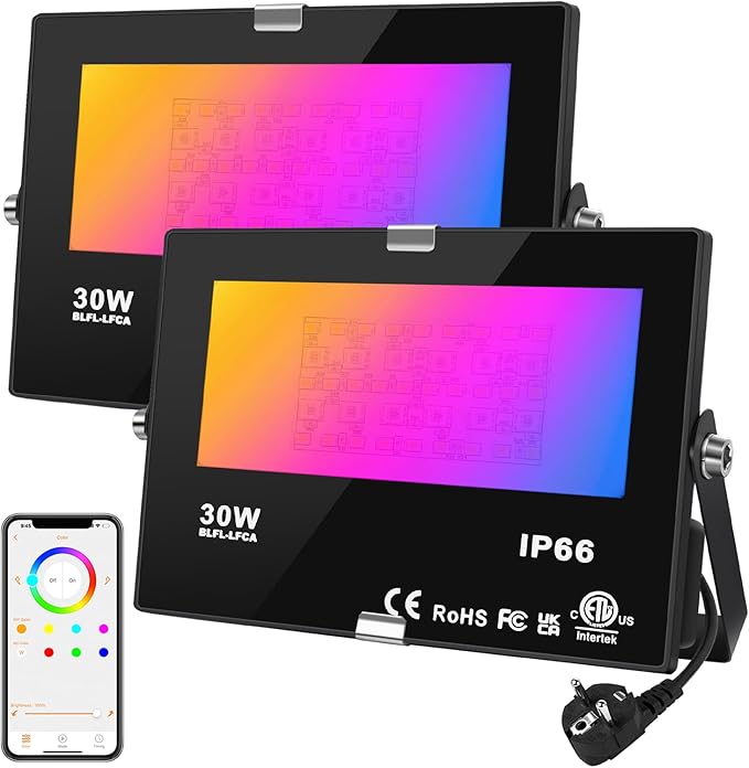 DUSKTEC Foco LED RGB inteligentes com APP 2 peças, projetor LED de 30 W regulável 220 V com tomada de luz multicor branco quente IP66, impermeável Floodlight para jardim, garagem, pátio, terraço