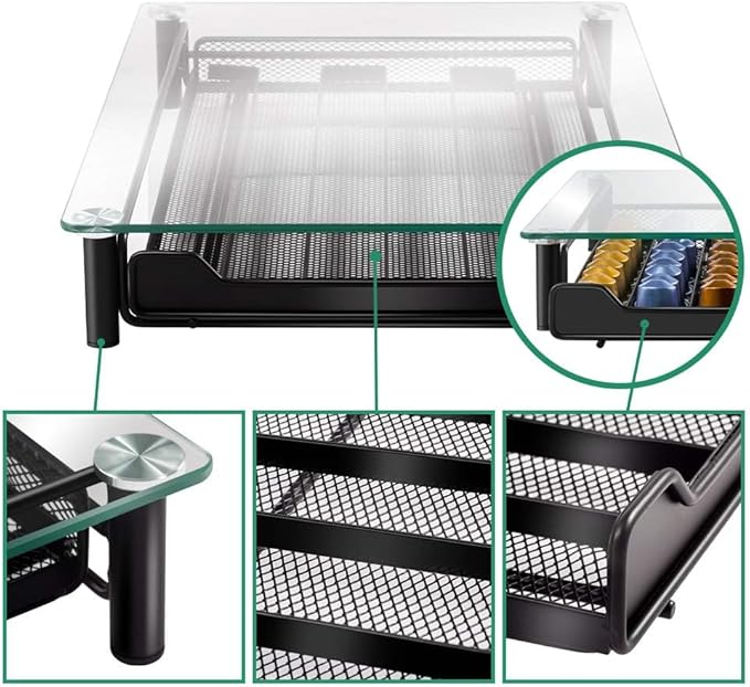 Suporte de Cápsulas Masthome para Nespresso – Gaveta Metálica com Tampa de Vidro Temperado, Capacidade para 60 Cápsulas
