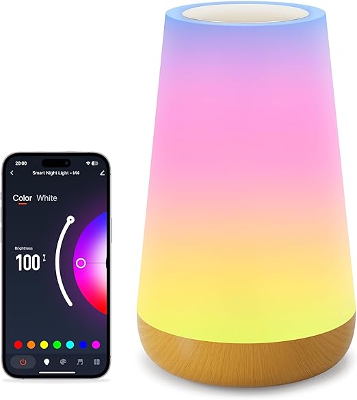 Candeeiro de Mesa Inteligente Wi-Fi RGB – Compatível com Alexa e Google Home, Touch, Regulável, 256 Cores LED