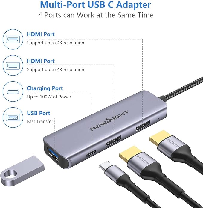 ub USB-C 4 em 1 com 2× HDMI 4K, 100W, Porta USB-A e Splitter para Monitores Duplos