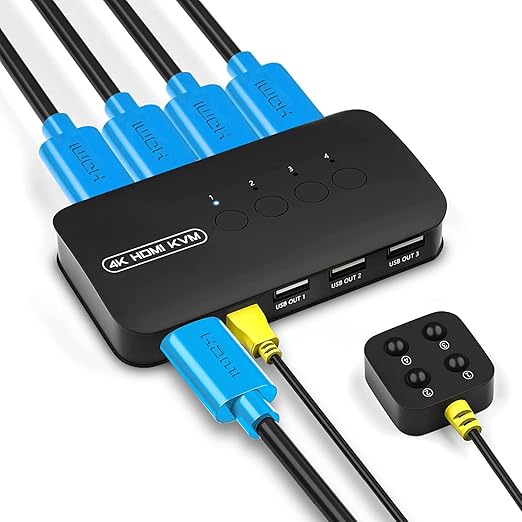 Switch KVM HDMI 4K 30Hz para 4 PCs, compartilha 1 monitor e 3 USB