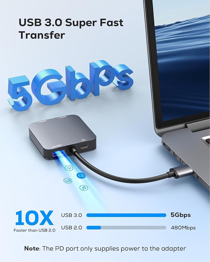 Adaptador USB 3.0 para Duplo HDMI ABLEWE – Hub 4 em 1 com Porta USB e Alimentação USB-C