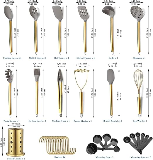 Conjunto de Utensílios de Cozinha Dourados Kyraton – 38 Peças em Silicone Antiaderente com Suporte em Aço Inoxidável