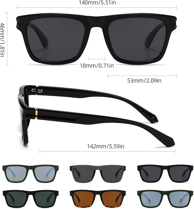 Óculos de Sol Retangulares Polarizados Unissexo Preto-  Estilo Retro Classico