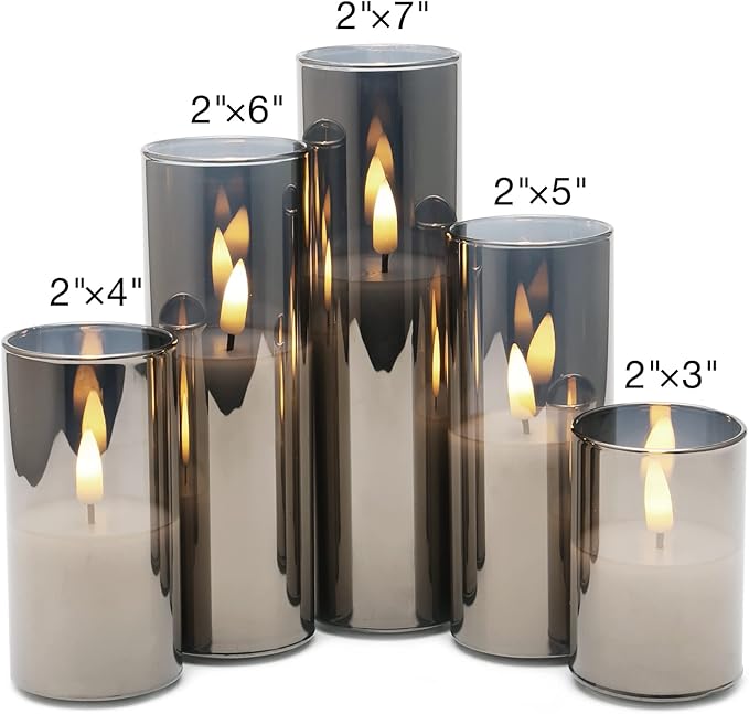 Conjunto de 5 Velas LED Slim em Vidro Cinza com Comando – Sem Chama, Efeito Tremeluzente