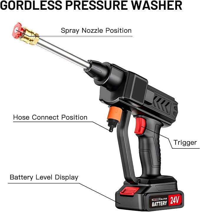 Lavadora de Alta Pressão Sem Fios – 260 PSI | Portátil | 2 Baterias | Bico 6-em-1 | Espuma | Para Carros, Jardim, Piscinas e Exterior